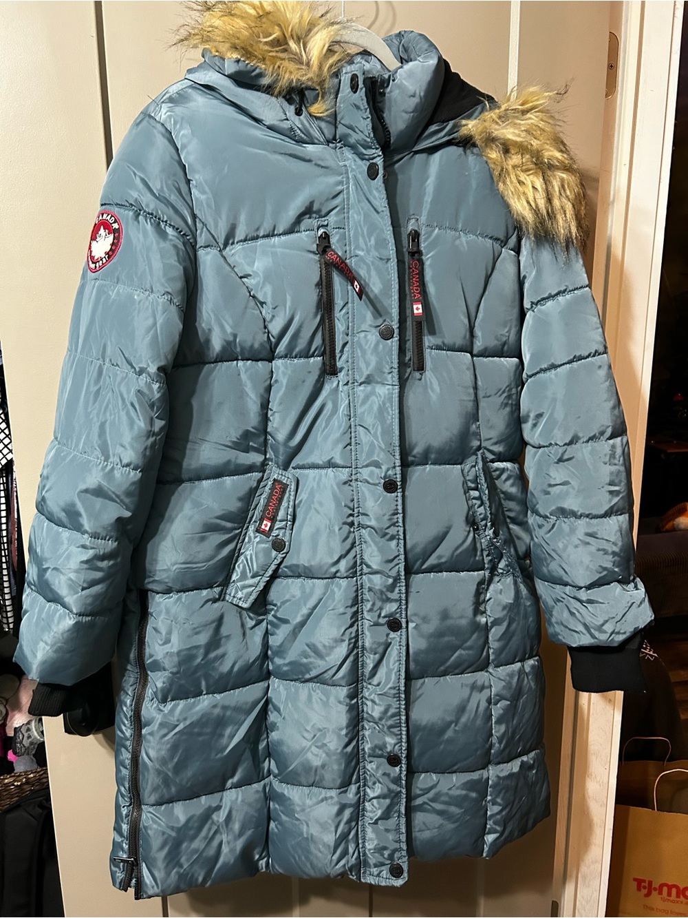 Canada weather gear Quilted Longline Puffer Coat Faux Fur Hood — Teal grey- flaw